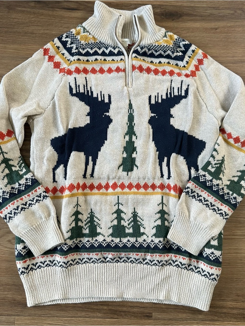 Crewcuts Sweater Pullover Kid XL 12-14 Beige FairIsle Moose Tree 1/4 Zip Holiday